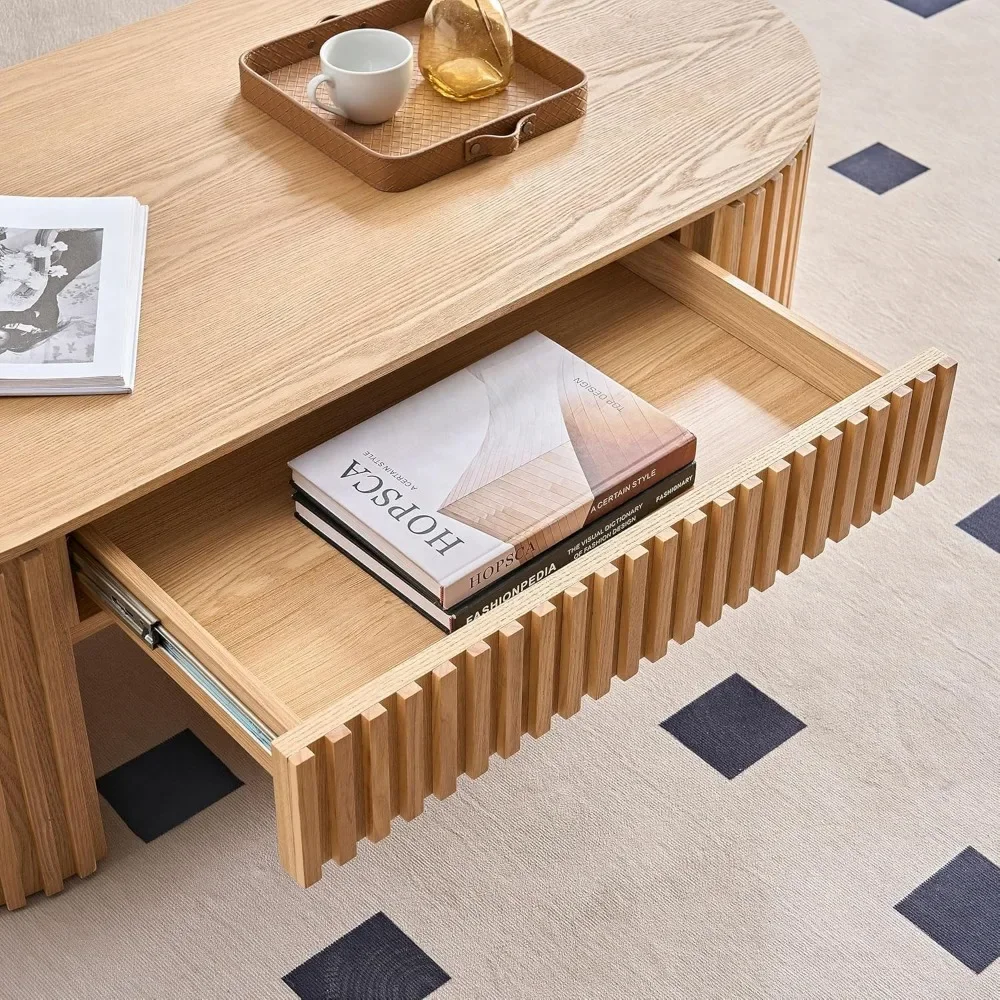 51.18''W Fluted Drum Coffee Table with Drawer, Modern Contemporary Pedestal Tables Oval Accent End Table, No Assembly Request 5