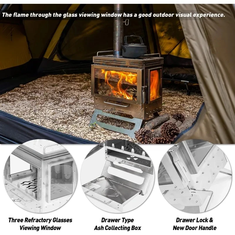 Camping Tent Stove Wood Stove Dweller Max 3 Stainless Steel Wood Burning for Hiking,Cooking,Heating(with 3 Glasses)