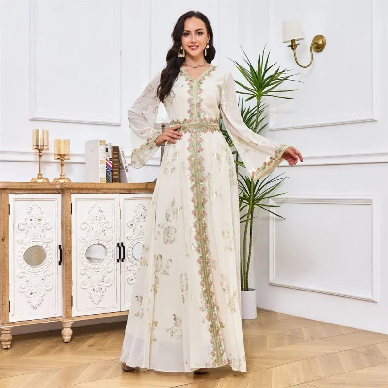 Fashion White Printing Turkish Long Dress Female Tape Trim Full Sleeve V-Neck Belted Clothing Abayas For Muslim Women