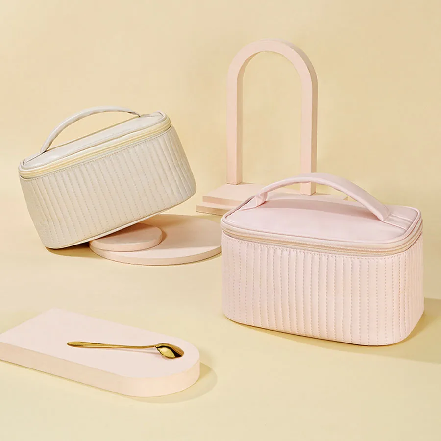 Makeup Bags for Women Travel Toiletry Cute Cases Bag Portable Solid Color Makeup Organizer Box Cosmetic Bag Neceser PU Leather 3
