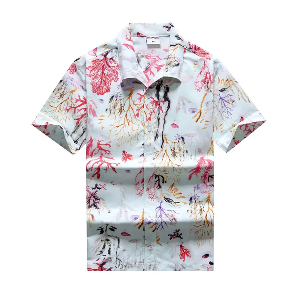 Summer Breathable Hawaiian Shirts Men Coconut Tree Printed Short Sleeve Button Down Vacation Plus Size