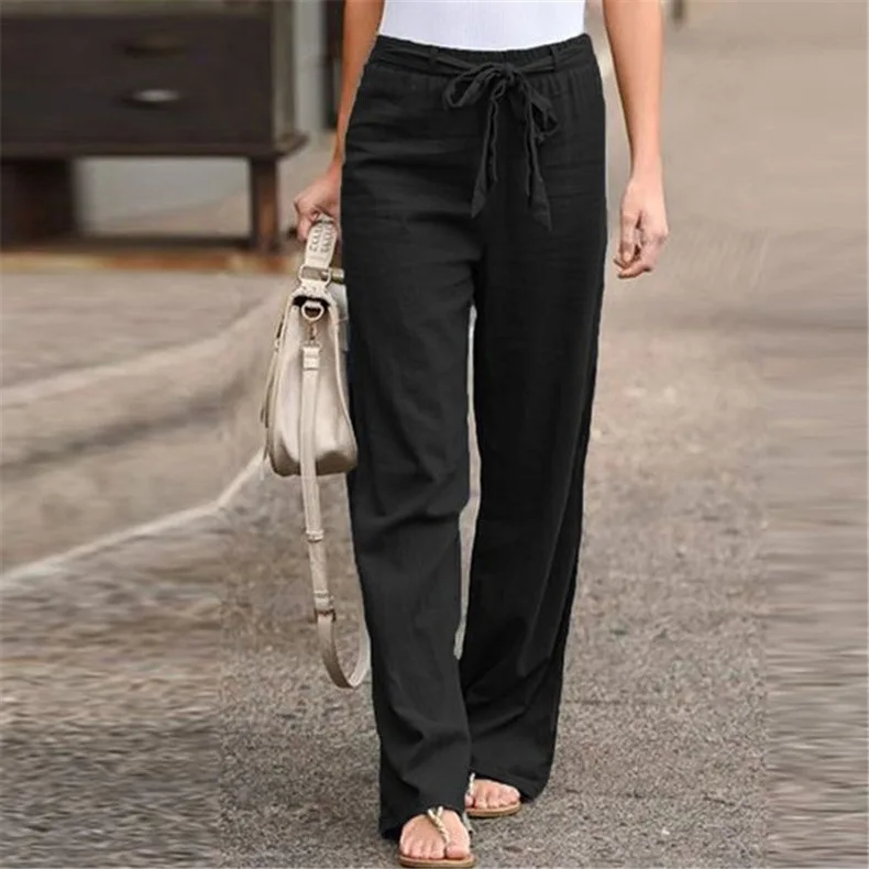 Summer New Women's Cotton Hemp Casual Wide Leg Pants Solid Color Elastic Waist Lacing Loose Pants
