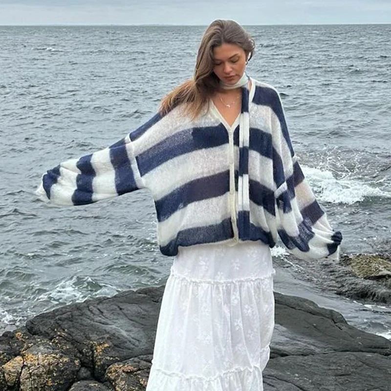 Loose Mohair Striped V-neck Cardigan Women With Scarf Fashion Lantern Sleeve Single Breasted Knitwear Casual Lady New Streetwear