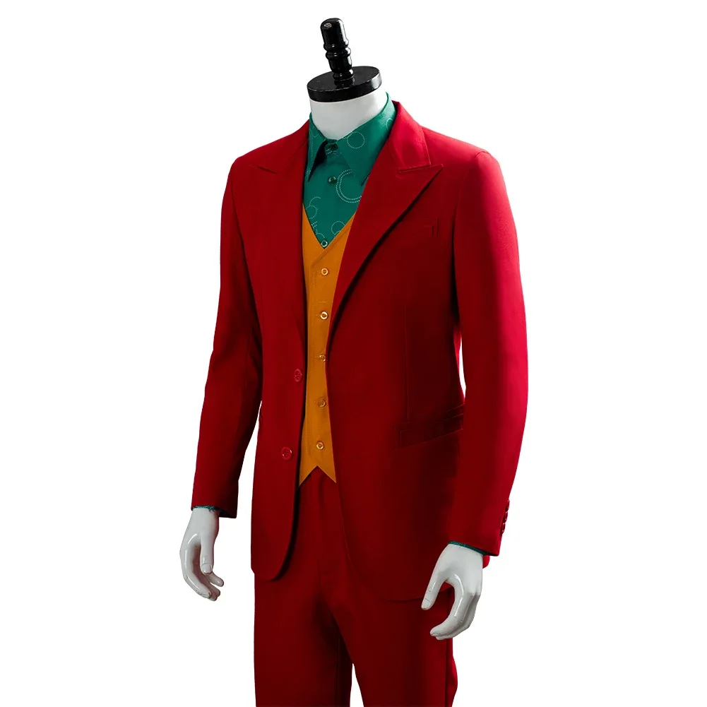 Men Joker Cosplay Fantasy Wigs Red Suits Movie Super Villain Costume Disguise Adult Outfits Male Halloween Carnival Party Cloth