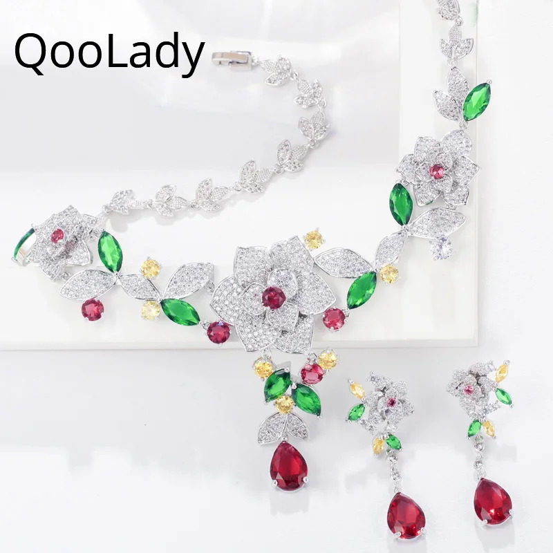 

QooLady Brand Exquisite Multicolor CZ Big Flower Drop Necklaces and Earrings Women Wedding Dress Jewelry Sets for Brides Z008