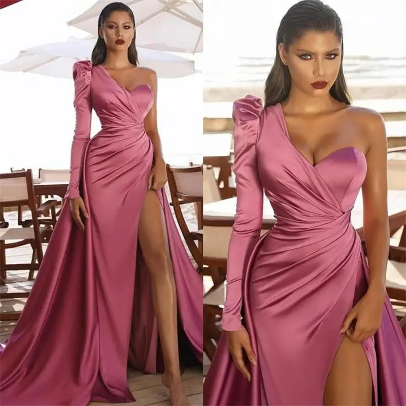 

2023 New Arrival Pink Mermaid Prom Dresses Dubai Arabic Long Sleeve Formal Dress High Side Split Celebrity Robe De Soiree