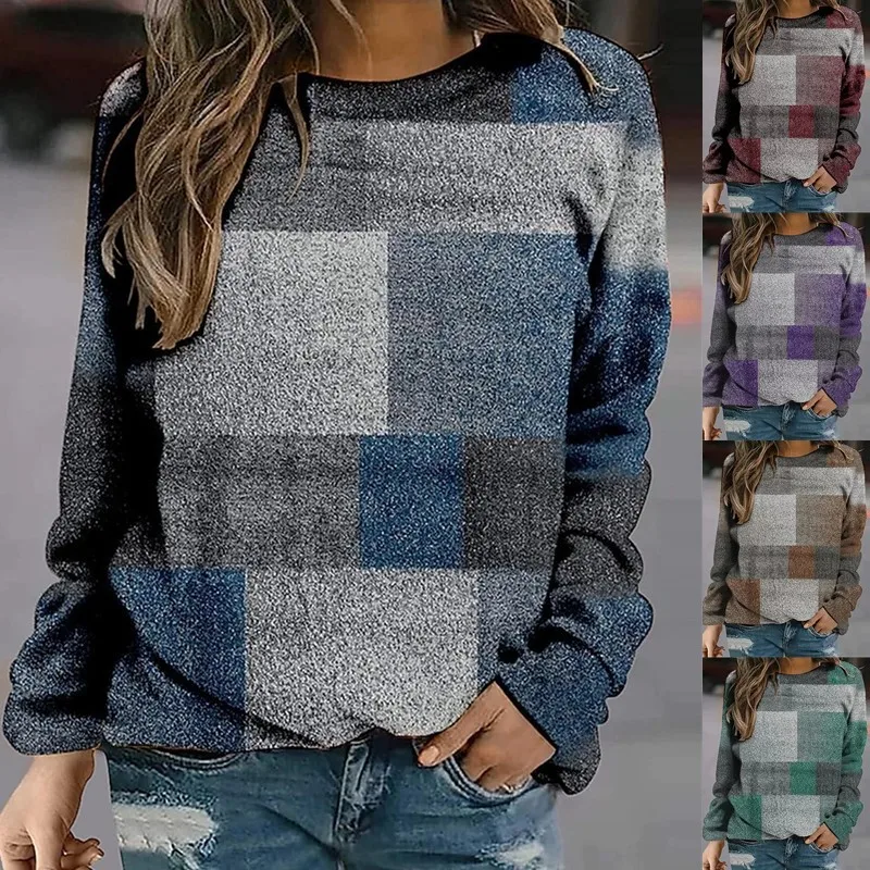 

Autumn and Winter Casual Plaid Loose Print Long Sleeve Round Neck Sweater Women Fashion Top Female