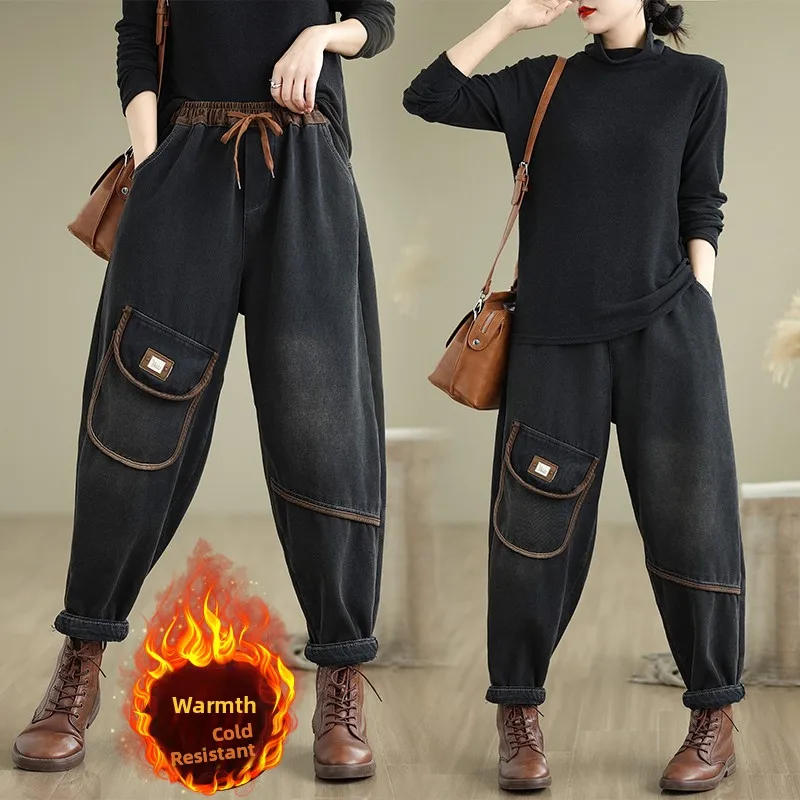 Retro Waed Fce Lined Denim Jeans Women's Loose Fit Harlan Pants Belted Casual Sle Winter Thiened Jeans