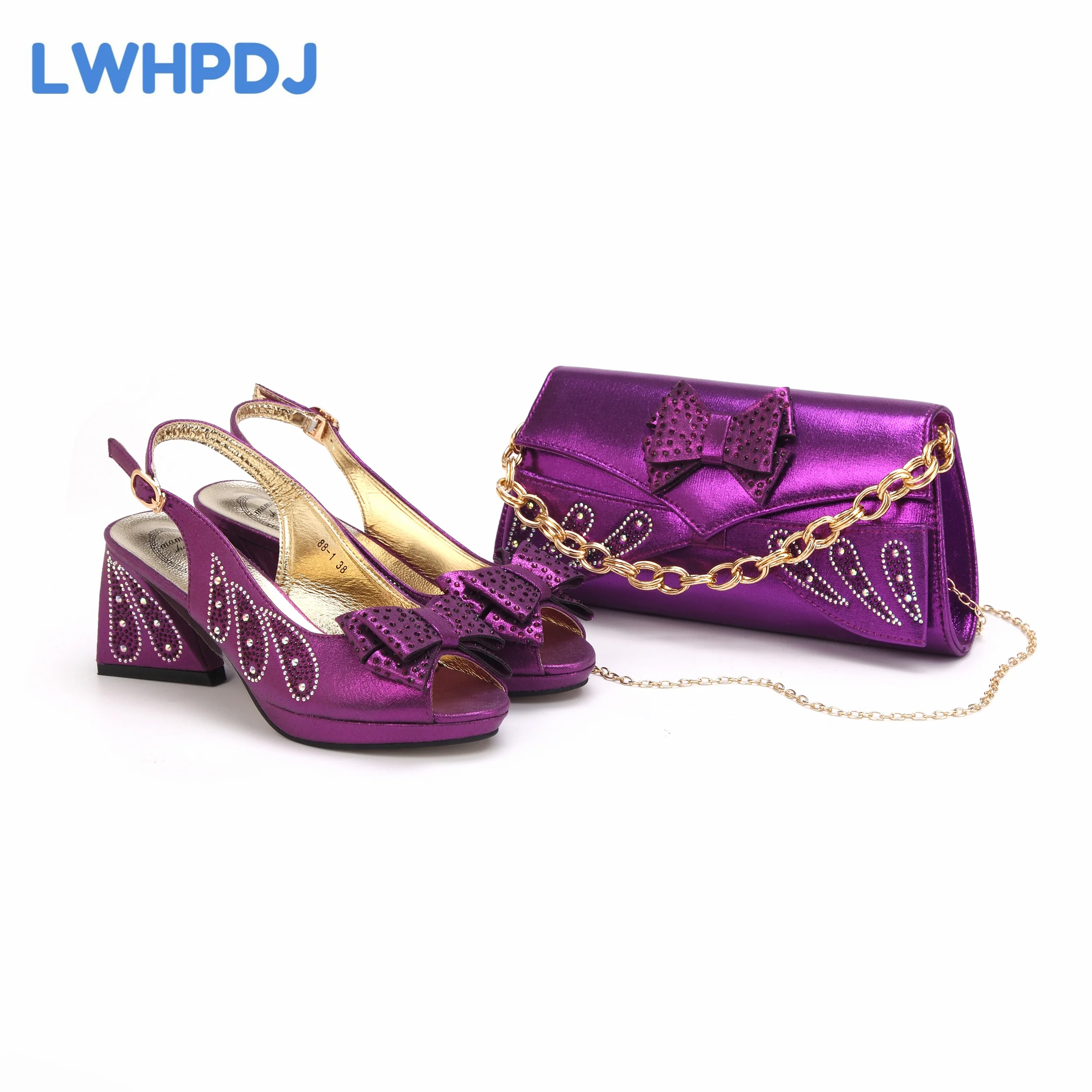 

2024 Newest Hot Selling Purple Color Platform Design Peep Toe Ladies Shoes Matching Bag Set For Mature Women Party Pump