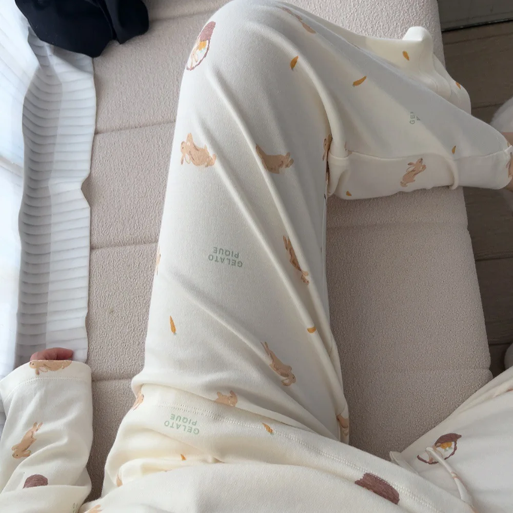 Room Wear Ladies Women Pajamas Set Long Sleeve Trousers Sleepwear Rabbit Prints Spring
