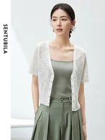 SENTUBILA Soft Short Sleeve Cropped Knitted Cardigan 2024 Summer New Female Knitwears V-neck Single Breasted Tops W42H54604 1