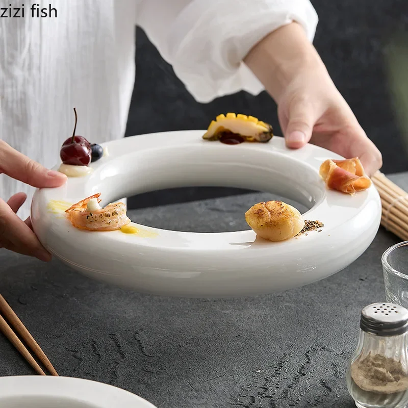Pure White Ceramic Doughnut Dinner Plate Afternoon Tea Dim Sum Sushi Plate Dessert Snack Restaurant Specialty Tableware