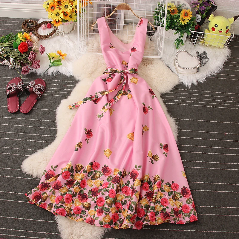 F43 Sweet Memory Blue Pink Black Yellow Flower Women Dresses New Fashion Lady Summer Sleeveless V-neck Girl Cocktail Dress
