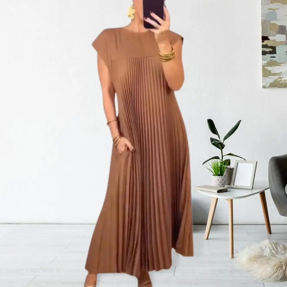 

Pleated Dress Elegant Maxi Dress with Side Pockets for Women Solid Color A-line Summer Dress for Commute Beach Vacation