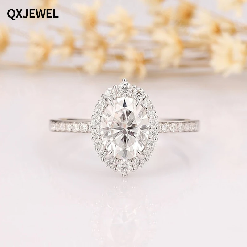 

QXJEWEL 14k Oval Cut Moissanite Ring White Gold D Color 2ct 7*9mm Center Jewelry Solitaire For Wedding Women