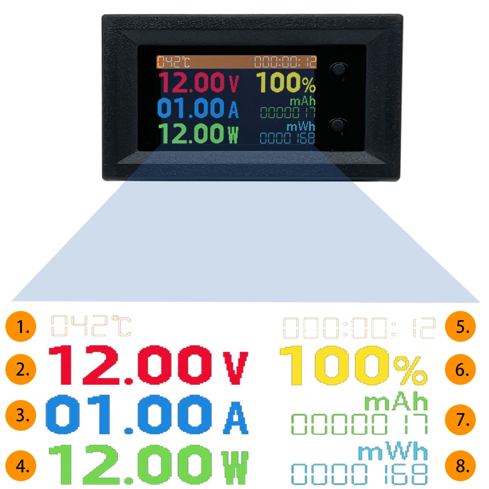 Amperometro 12v Misuratore Digitale Di Energia DC - Display Per Tensione (100V) E Corrente (20A), Wattmetro Voltmetro Amperometro Digitale 100V 20A LCD