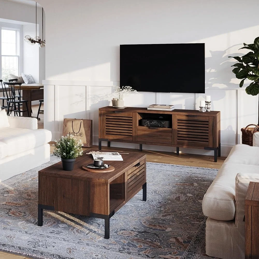 Modern Farmhouse Solid Wood TV Stand Living Room Holds TVs up to 65 Inches Rustic Chestnut Finish 6