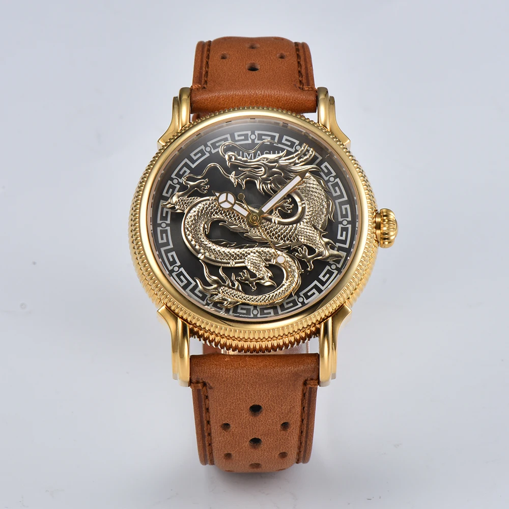 

Модные часы из нержавеющей стали 42,5 мм, китайские мужские часы с золотым Драконом, китайские водонепроницаемые часы loong с роскошным драконом и поворотом
