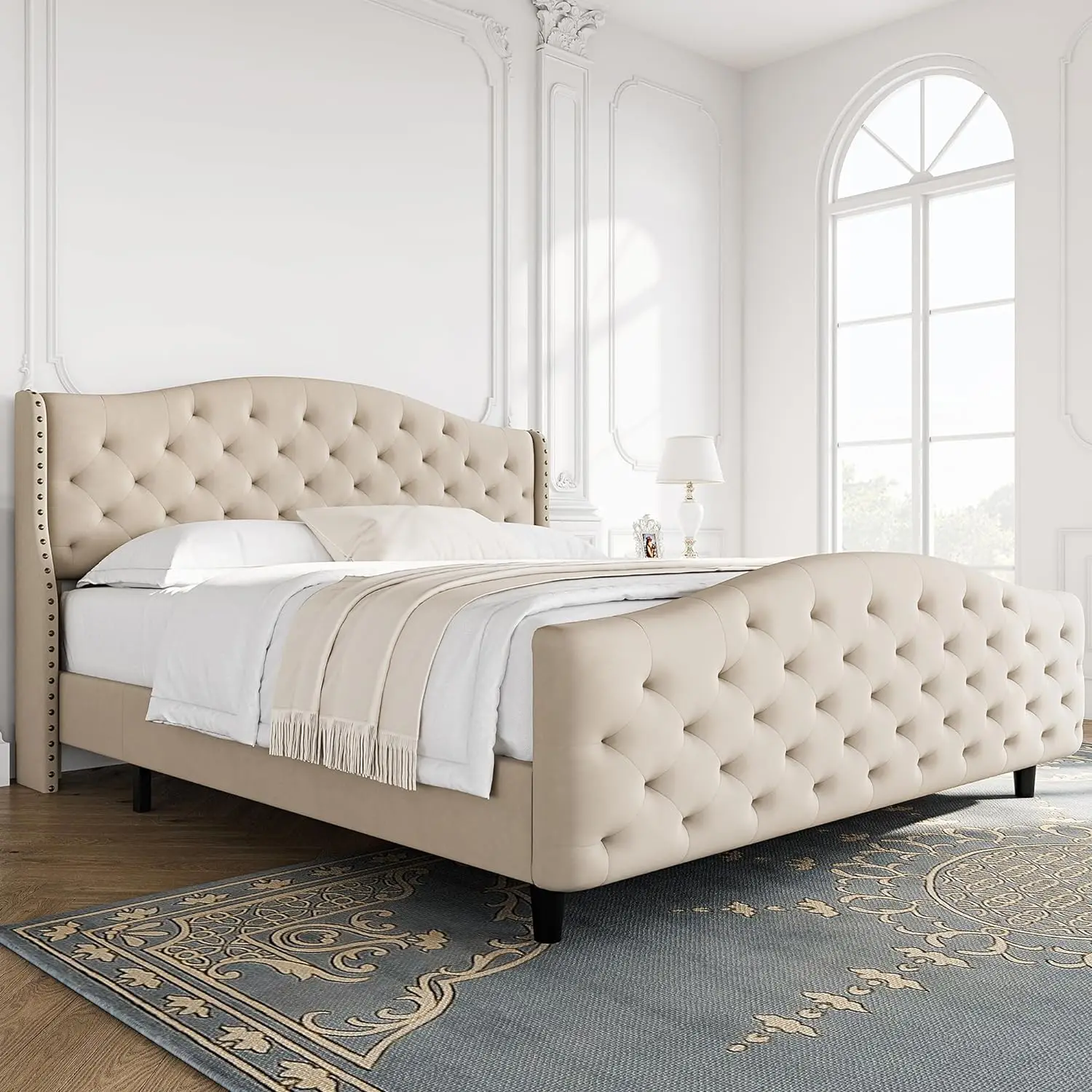 

Tufted Upholstered Platform Beige King Size Bed Frame w/ Headboard & Footboard, Raised Wing Back Headboard, Mattress Foundation