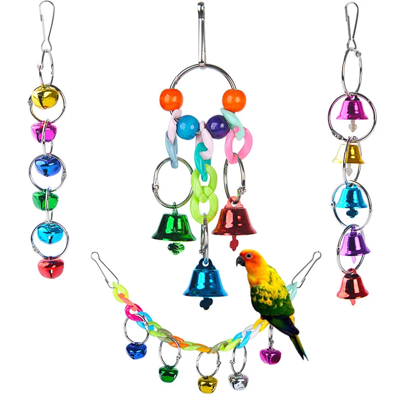 Colorful Parrot Toys Acrylic Hanging Bridge Chain with Bell Funny Bird Bell Swing Toys  Cage Toys for Parrots Birds Home Decor parrots toys bird accessories for pet cage hanging natural wood blocks parrot chewing molar pastime toy colorful birds supplies