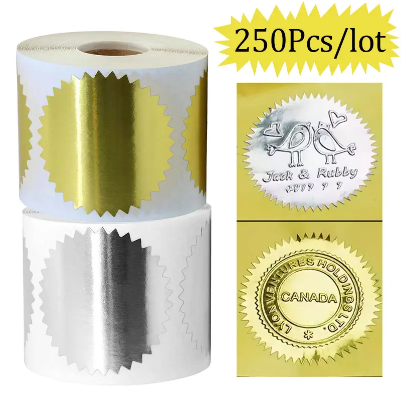 

Gold Silver Embosser Stickers 50mm 250pcs Certificate Gear Sticker for Metal Embossing Stamp Self Adhered Label Scrapbooking