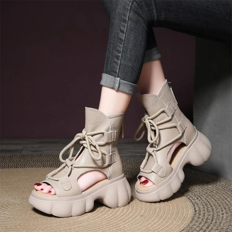 2024 New chunky Summer Women sandals Shoes Platform Sandals Genuine Leather Lace-Up Retro Sewing Handmade Concise Ladies Sandals