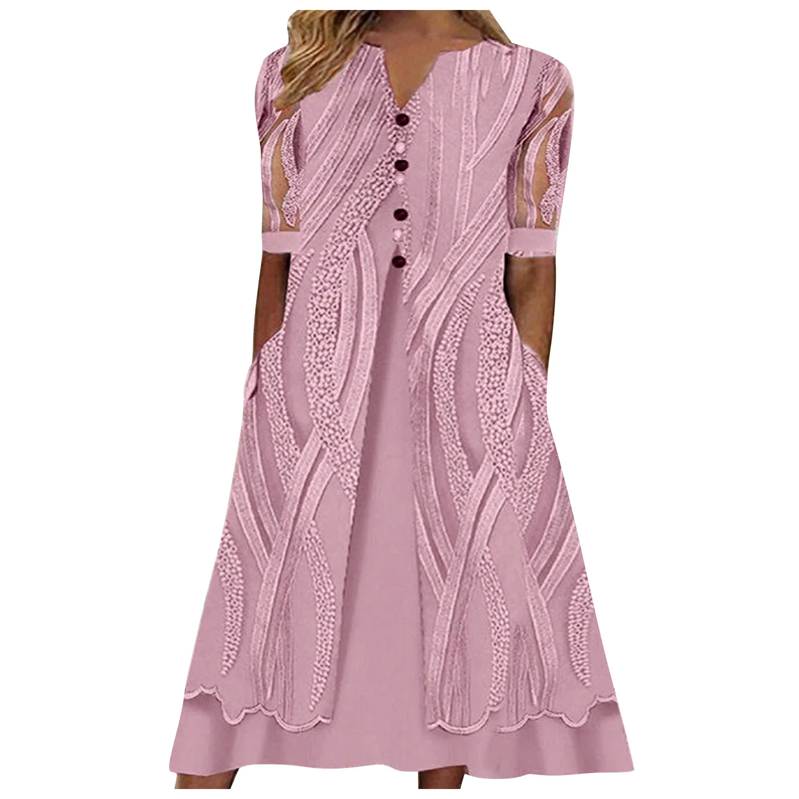 

Pink Dress For Women Casual V Neck Geometric Print Button Down Simple Dress Short Sleeve Loose Swing Midi Dress With Pockets