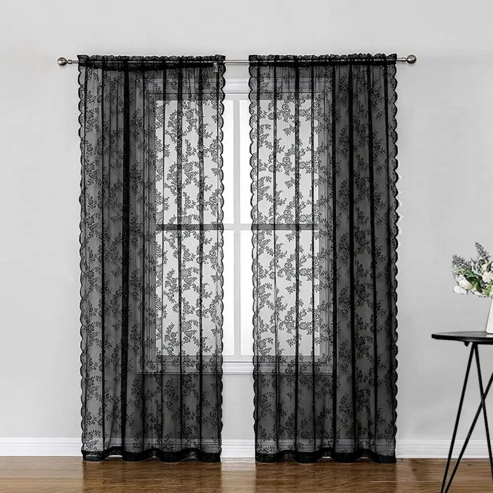 Black Lace Sheer Curtain Floral Lace Sheer Rod Pocket Curtain Panel Living Room Decoration Window Curtains Window Drape Shades 5