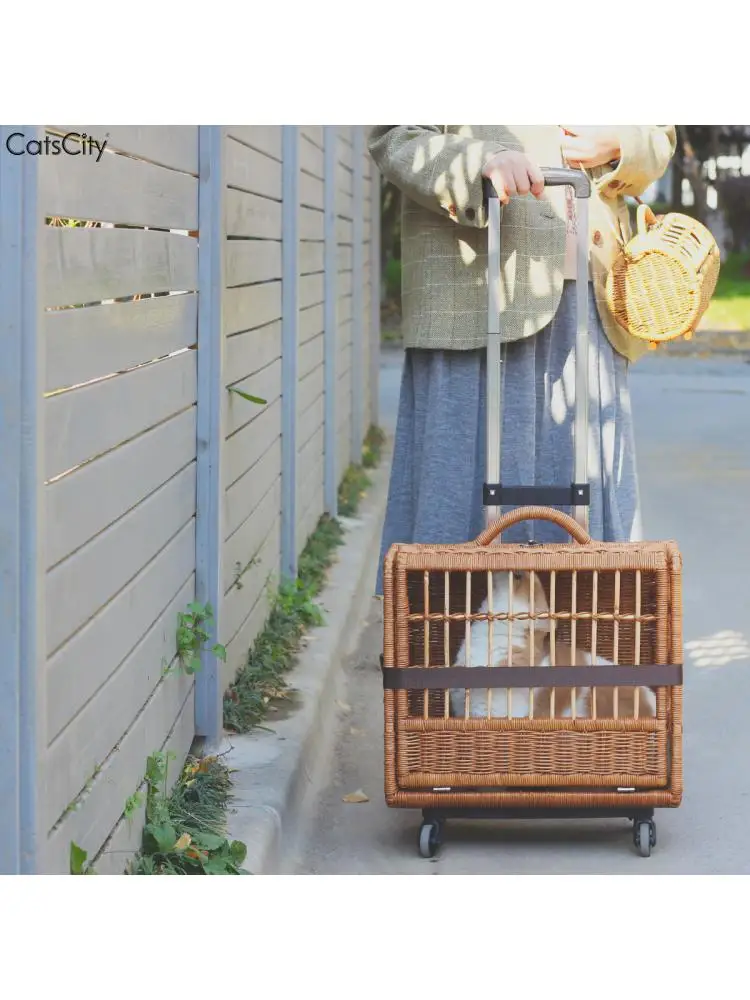 Handmade Rattan Cat Outing Trolley Bag, Labor-Saving, Universal Wheel Trolley Case, Breathable Basket, Pet Supplies