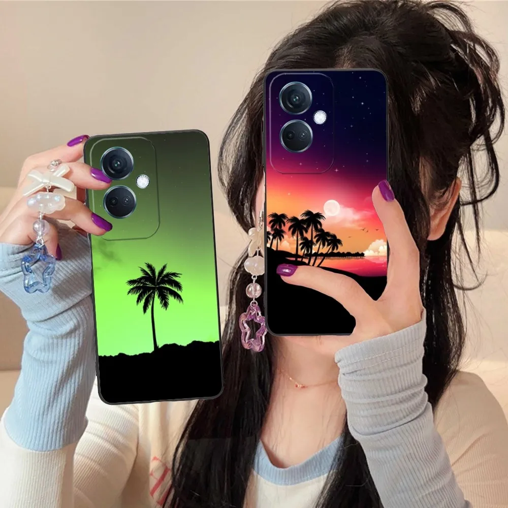 Sunset Coconut Trees Mobile Phone Case For Oppo Find X5 X3 X2 A93 Reno 8 7 Pro A74 A72 A53 Black Soft Phone Cover Funda