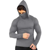 Men Fitness Gym Shirts Compression Sport t Shirt Hooded Running t-Shirts With Mask Long Sleeve Bodybuilding Tops Man Sportswear 2