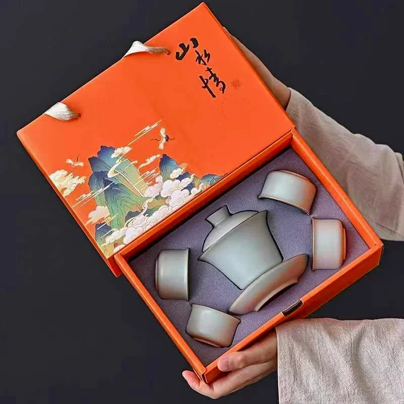 Japanese Kung Fu Tea Set Retro Travel Portable Ru Kiln Gift Box Outdoor Teapot Cover Bowl Camping with Cup and Water Bottle