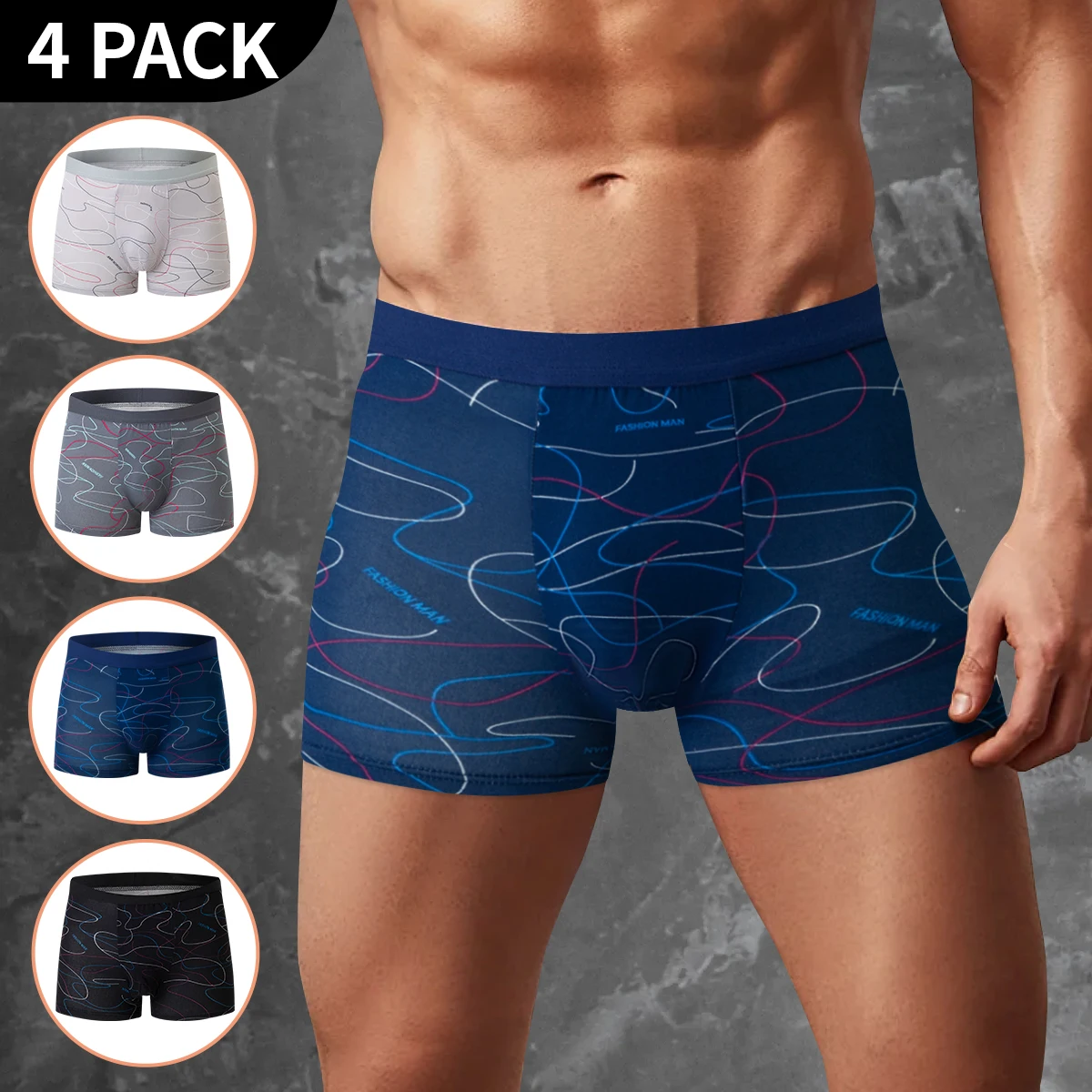 Printed Boyshort Underwear 4-piece MEN'S Comfortable and Fashionable Plus-size Printed Boyshort Maximum 6XL Swimming Trunks for Teenagers