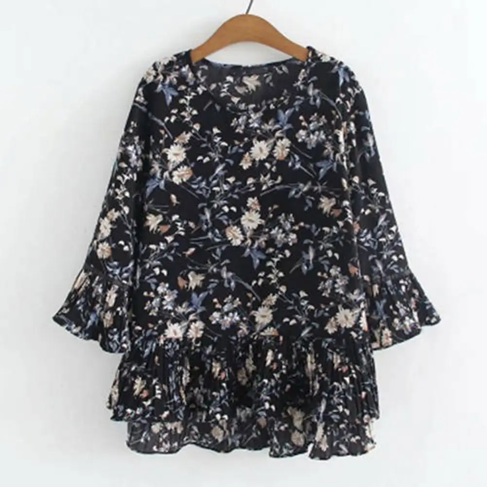

Женская шифоновая блузка с цветочным принтом, с круглым вырезом и оборками на подоле