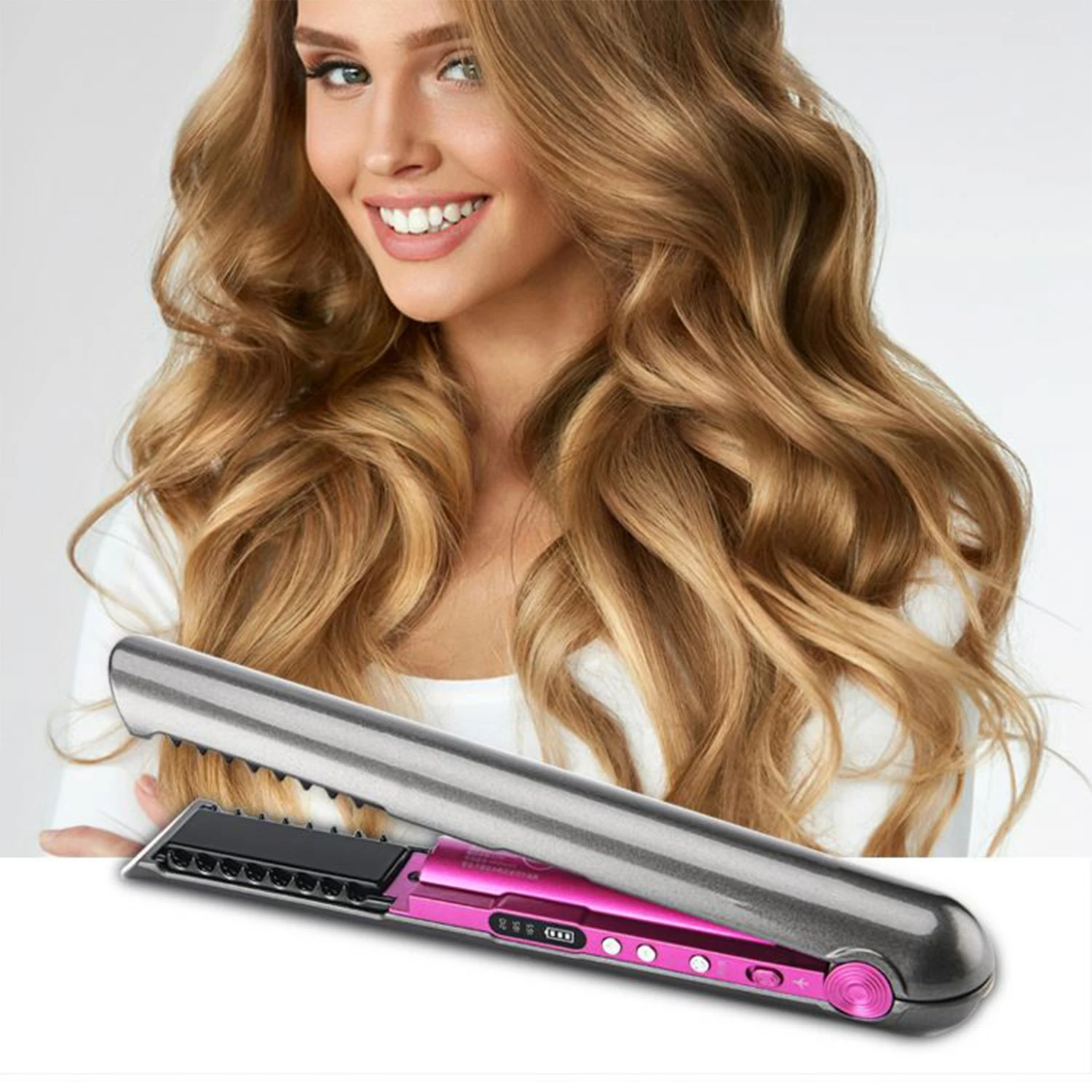 

Flat Iron Mini 2 IN 1 Roller USB 4800mah Wireless Hair Straightener with Charging Base Portable Cordless Curler Dry and Wet Uses