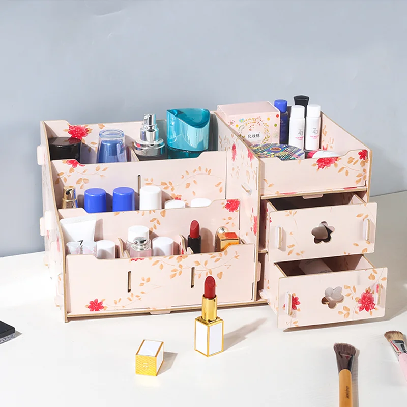 

DIY Wooden Makeup Organizer for Cosmetic Large Capacity Cosmetic Storage Box Organizer Desktop Makeup Drawer Container