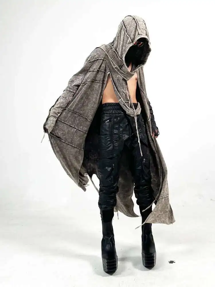 HKSH Spring New Men's Tide Punk Pioneer Waste Land Sand Cotton Tie Dyed Windbreaker Vintage Cut Hooded Long T-shirt Women HK4375