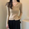 Surplice Sweater for Women Pullovers Ribbed Knit V-Neck Long Sleeve Button Side Plain Jumper Teen-girl Fall Winter Basic Outfit 1
