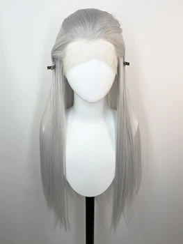 Widow‘s Peak Silver Grey 13x4 Synthetic Lace Front Wigs for Women Elf Cosplay 26 Inch Long Straight Glueless Wigs Free Part