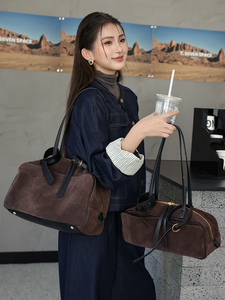 Women's Bowling Tote Bag 2025 New Suede Leather Handbag Top Grain Leather Single Shoulder Underarm Bag Commuting Premium Chic 5
