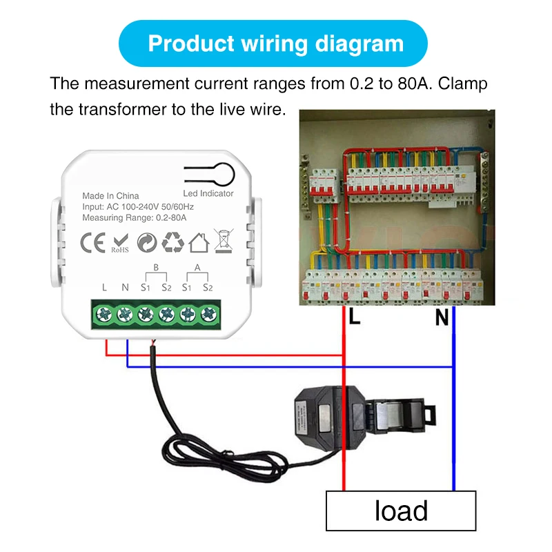 Per Tuya Smart Monitor Consumo Elettrico, WiFi Misuratore Di Energia Con Morsetto Trasformatore Di Corrente, Monitor Di Potenza Guida DIN AC 230V 63A