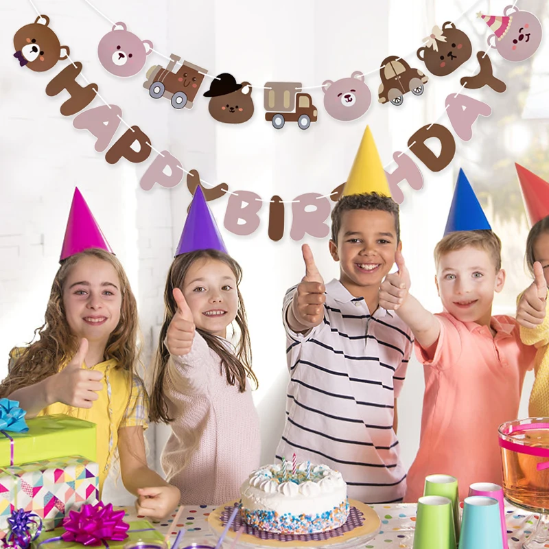 Brown Teddy Bear Happy Birthday Letter Banner Garland For Kids Boy Girl Birthday Party Decoration Supplies Hanging Flags