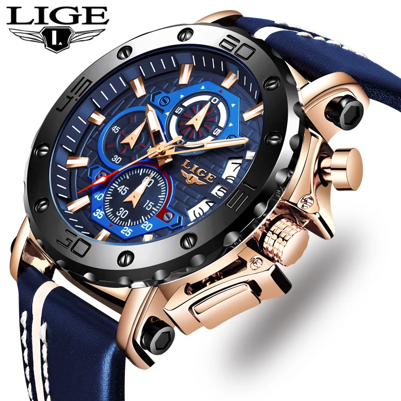 

2023 LIGE Men Watch Fashion Sports Leather Watches Mens Luxury 30M Waterproof Quartz Watch For Men Chronograph Relogio Masculino