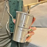 New  Stainless Steel Coffee Mug with Straw Lid Portable Coffee Cup Drinking Beer Milk Water Cup Restaurant Bar Party 500ml 4