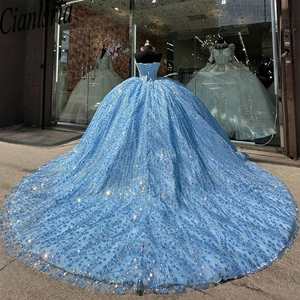 

Light Blue Strapless Glitter Crystal Sequined Quinceanera Dresses Ball Gown Beading Pearls Princess Sweet 15 Birthday