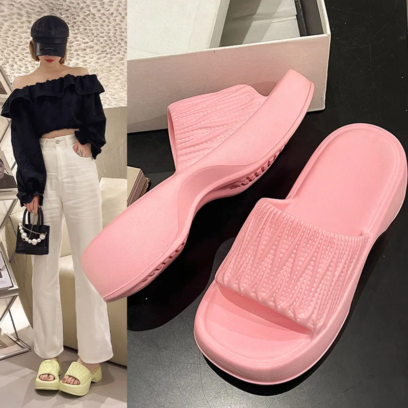Fashion Women's Slippers Summer Thick Shoes Soft Sole Home Beach Slippers Wrinkle Texture Outdoor One Line EVA Sandal Slippers