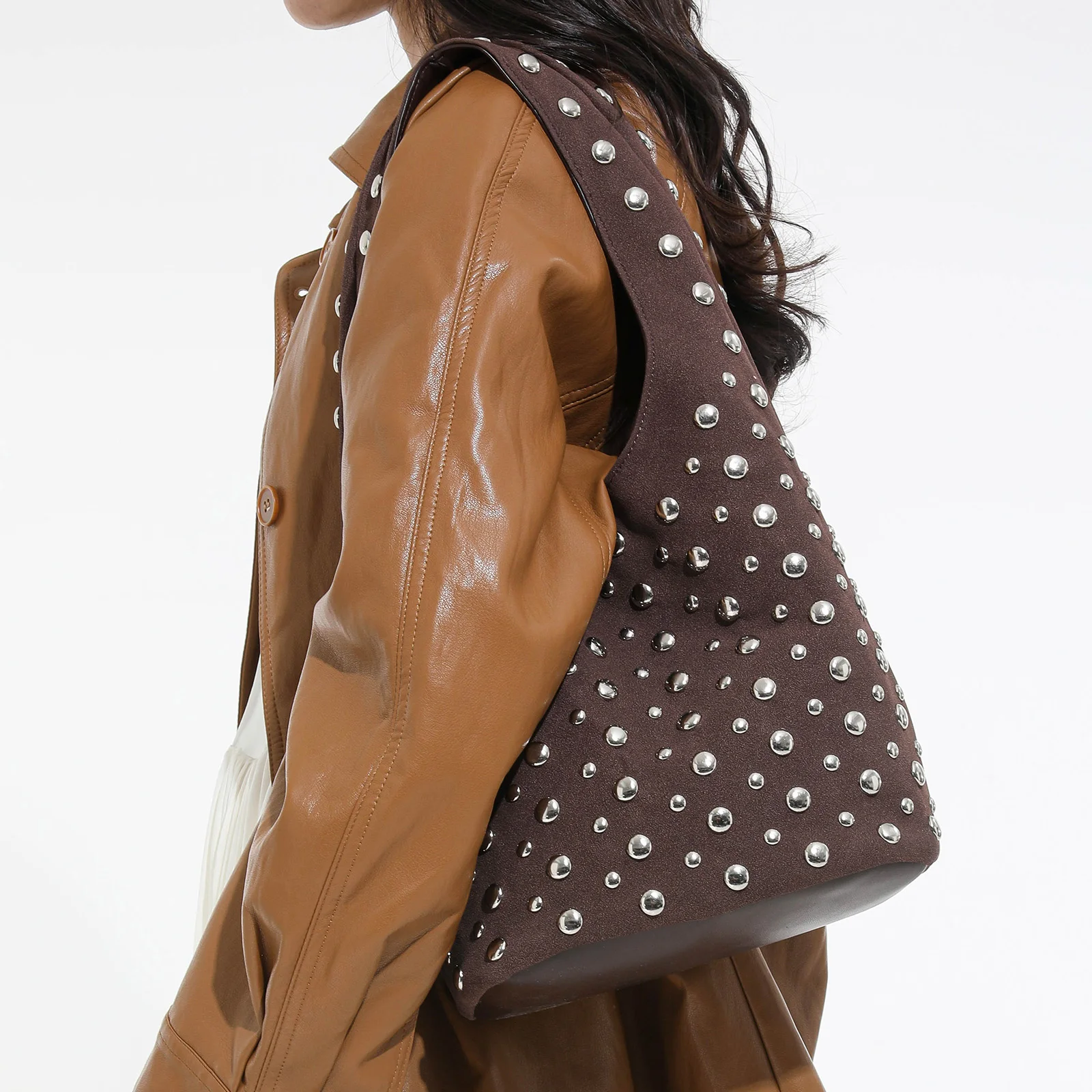 Stylish Studded Hobo Bag Y2K Rivets Bucket Purse Punk Underarm Satchels for Women Work Shopping Travel