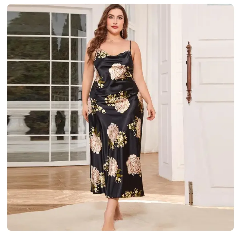 thumbnail image 1 of Camisón de satén de talla grande para mujer, ropa de dormir Sexy con tirantes, lencería holgada, sedosa, para estar en casa, XL-5XL, 1 of 6