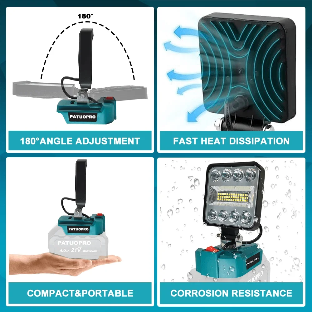 Portable Work Light Electric Cordless LED Work Light 180&deg; Adjustment for Makita 18V Battery