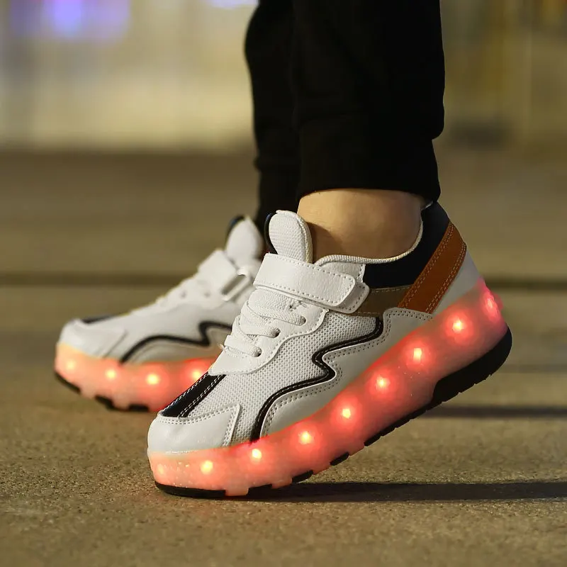 Breathable LED Children Roller Shoes Two Wheels USB Charging Fashion Air Mesh Boys & Girls Kids Sneakers Size 28-40 led children wheels high shoes usb charging fashion air mesh breathable boys